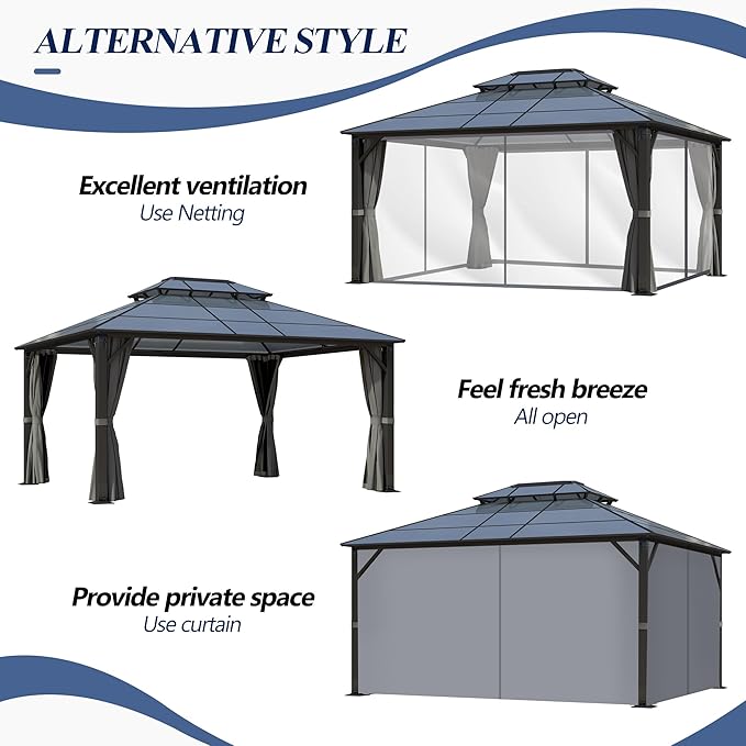 GARTOO 12x14FT Polycarbonate Hardtop Gazebo with Double Roof - Heavy-Duty Steel Frame Gazebo with Breathable Netting & Privacy Curtain for Patio, Porch, Garden, Lawn, Deck, Backyard