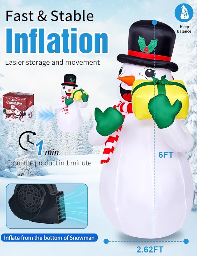 6FT Christmas Inflatables Outdoor Decorations,Inflatable Snowman Holding Gift Box Build-in LED Light-Christmas Blow Up Yard Decorations for for Indoor/Outdoor Holiday Garden Lawn Yard Patio
