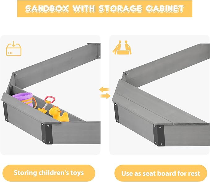 75.5''x53''x8.5'' Octagon Sandbox with Storage Box for Kids Outdoor Play, Wood Large Sandpit with Cover & 3 Benches, Quick Easy Install
