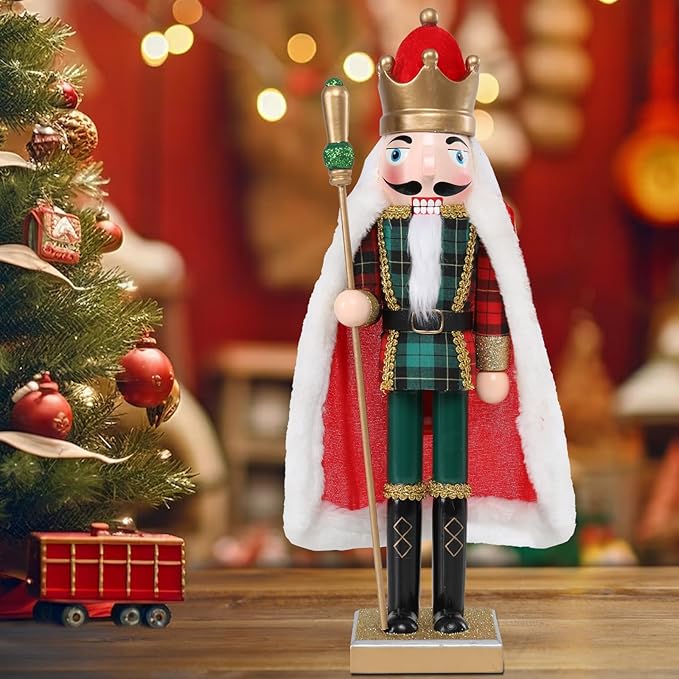 Christmas Nutcracker Decorations Nutcracker Figure 15 Inch Wooden Nutcrackers Collectible Ornament Nutcrackers Soldier for Table Desktop Home Christmas Decor Xmas Indoor Decor Checked clothes Red cape