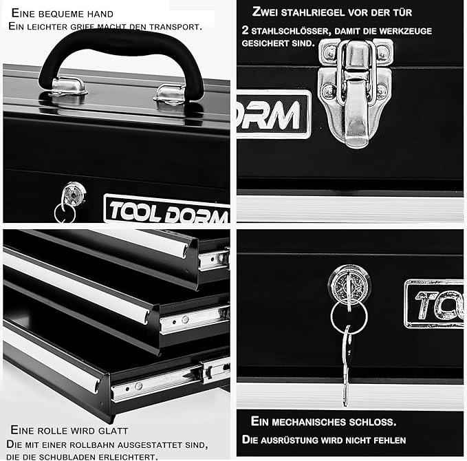 20.3¡° Metal Tool Box with Drawers Portable Steel Tool Box with Protective Liner and Latch Closure and Lock for Garage, Home and Warehouse (Black-3 Drawers)