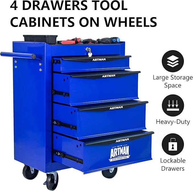 RYH 4 Drawers Rolling Tool Chest - 13 D x 20.9 W x 30.5 H Heavy Duty Mobile Tool Cart with Locking Wheels & Ball Bearing Drawers, Garage Tool Storage Cabinet (Blue, 4 Drawers)