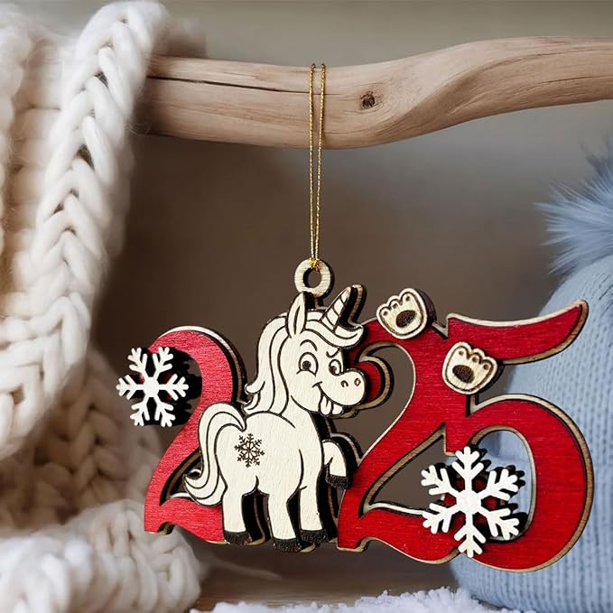 Unicorn 2025 Wooden Christmas Tree Ornament – Cute Fantasy Horse Holiday Decoration for Girls & Kids, Magical Unicorn, Wooden Xmas Ornament for Tree, Friends & Family