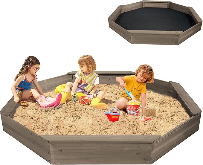 Wooden Octagonal Sandbox with Cover, Outdoor Sandpit with 4 Bench Seats, Sand Box for Children, Beach for Backyard, Patio, Garden (Coffee)