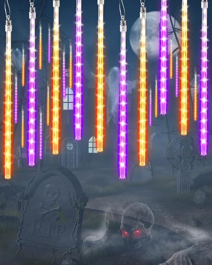 Flacchi Halloween Lights Outdoor 20 Tubes 480 LED Raindrop Meteor Shower Icicle Lights with Timer Function Cascading Light Falling Rain Light for Halloween Orange Purple
