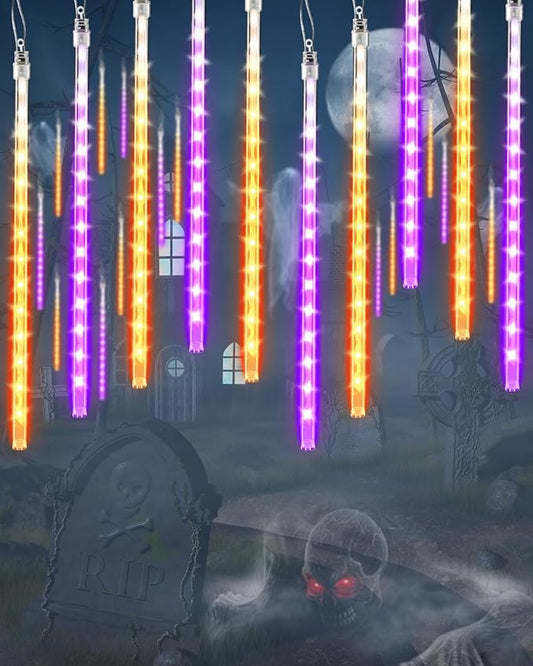 Flacchi Halloween Lights Outdoor 20 Tubes 480 LED Raindrop Meteor Shower Icicle Lights with Timer Function Cascading Light Falling Rain Light for Halloween Orange Purple