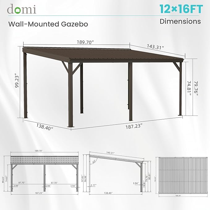 Domi 12' x 16' Lean to Gazebo, Wall Mounted Gazebos Pergola with Built in Drainage System, Galvanized Steel Roof, Hardtop Patio Shelter for Deck, Porch, Backyard and More,Brown