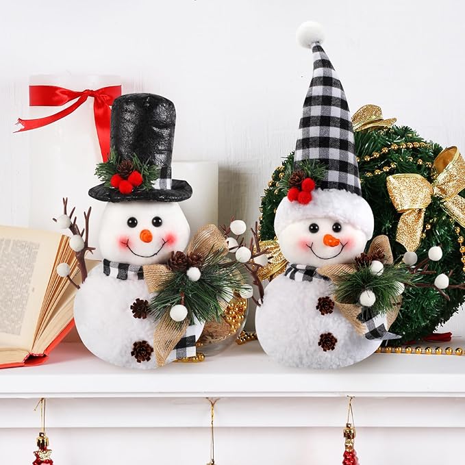 Black and White Plaid Snowman Decor (2-Piece Set) - Winter Christmas Plush Dolls for Tiered Tray, Mantel, or Tabletop Display, Indoor Home Decor
