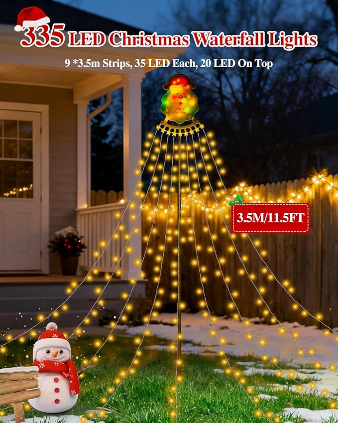 Christmas Decorations Outdoor String Lights - 335 LED 11.48ft 9 Strands Waterfall Tree Lights with Topper, 8 Lighting Modes Christmas Lights Indoor Decorative for Wedding Yard Party Home