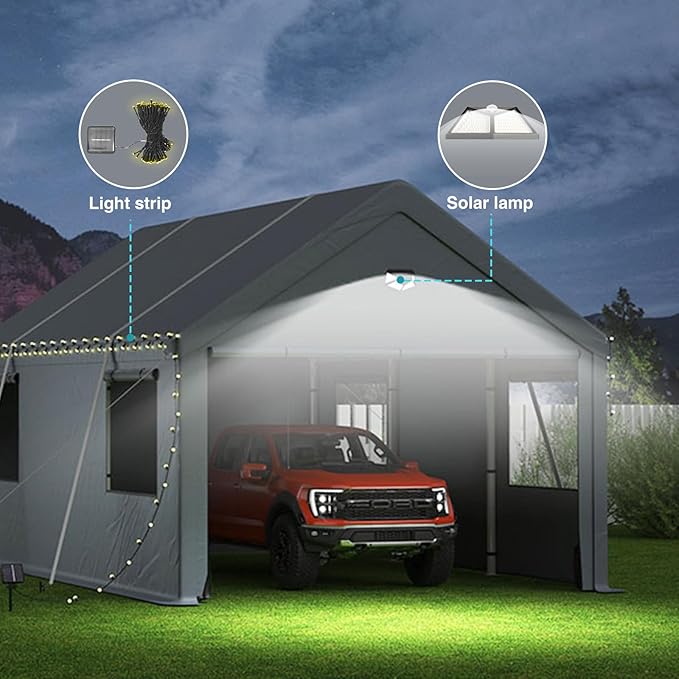 12x20FT Heavy Duty Carport Canopy,Extra Large Portable Car Tent Garage with Roll-up Windows and All-Season Tarp Cover,Removable Roof&Side Walls for Car,SUV,Boats&Truck Shelter Logic Storage
