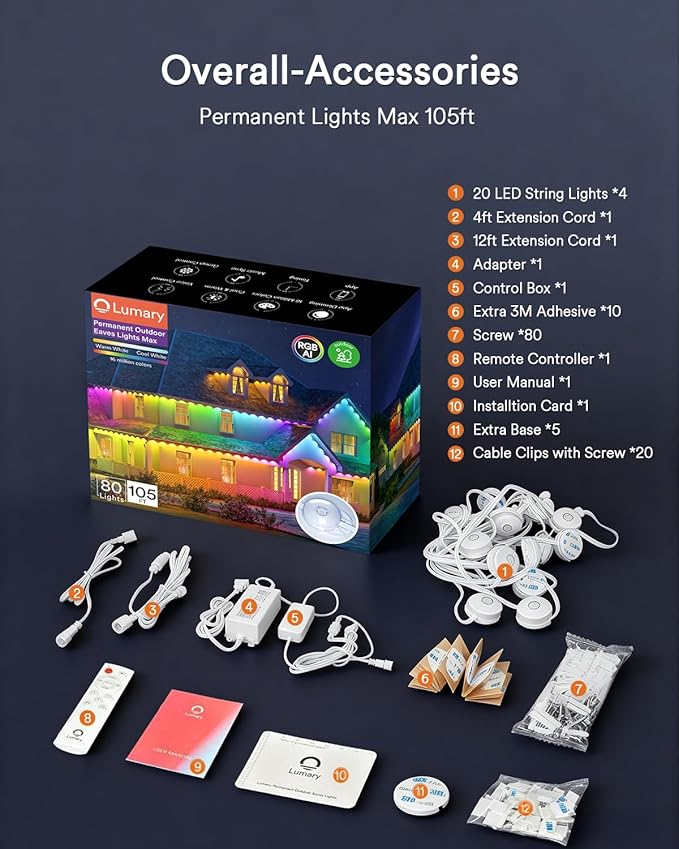 Lumary Permanent Outdoor Lights Max, 105ft with 80 LED Eave Lights 4800LM, RGBAICW Smart Outdoor Lighting IP67 Waterproof, Scene Modes for Daily and Accent Lighting, Works with Alexa/Google Assistant