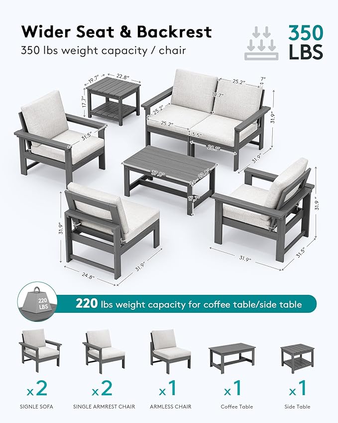 SERWALL HDPE Patio Furniture Set, 7-Piece Outdoor Sectional Sofa Set, All Weather Outdoor Couch Set for Deck, Lawn, Grey Frame with Khaki Cushion