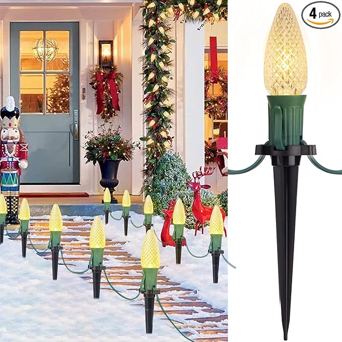 C9 Christmas Pathway Lights Outdoor, 25.7 Feet 20 LED C9 Strawberry Walkway Lights with Marker Stakes, Connectable Shatterproof C9 String Lights for Lane Outside Yard Decorations, Warm White, 4 Pack