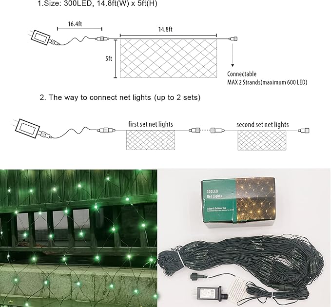 OYCBUZO 300LED Green Net Lights, 14.8ftx5ft 8 Modes Christmas Mesh Lights Connectable, Waterproof String Lights Plug in for Bushes Xmas Tree St Patrick's Day Holiday Party Patio Garden Outdoor Decor