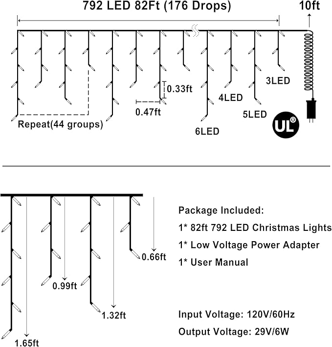 82ft 792 LED 176 Drops Christmas Lights, Outdoor Hanging lights with 8 Modes and Timer Memory, Plug In Outside Waterproof Curtain String Lights for House Fence Tree Holiday Decorations (Warm White)