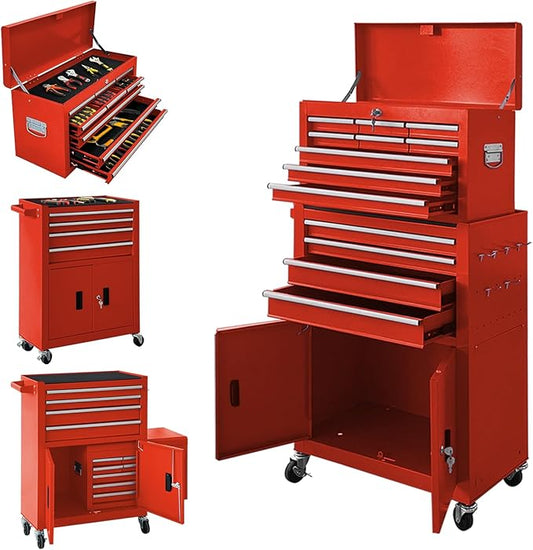 13-Drawer Rolling Tool Chest with Double Door Handle, 2 in 1 Detachable Tool Chest, Large Tool Storage with Wheels, Lockable Tool Cabinet for Garage, Barbershop-Red