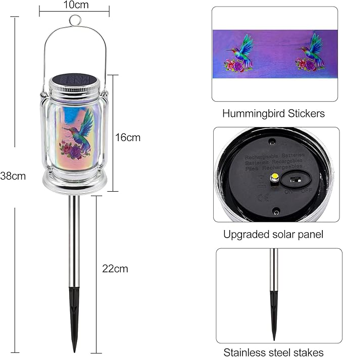 2 Pack Hummingbird Solar Outdoor Lanterns, Gifts for Women Mom Grandma, Vintage Glass Mason Jar Solar Fairy Lights, Waterproof Garden Lights for Patio Yard Lawn Tree Party Decor