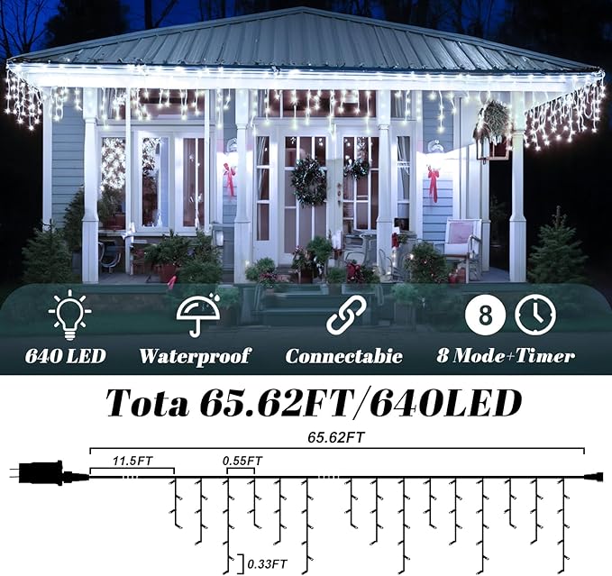 Cool White Christmas Lights Outdoor, 65ft 640 LED Icicle Lights for Outside House with Connectable Clear Wire 8 Modes Timer, Plug in Waterproof for Eaves Yard Party Indoor Holiday Decoration