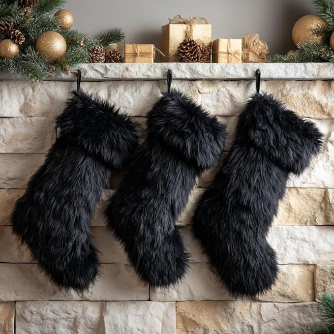 AOGU 3 Pack 18 Inch Black Christmas Stockings Faux Fur Xmas Christmas Stockings Hanging Ornaments Candy Gift Bags for Christmas Decorations