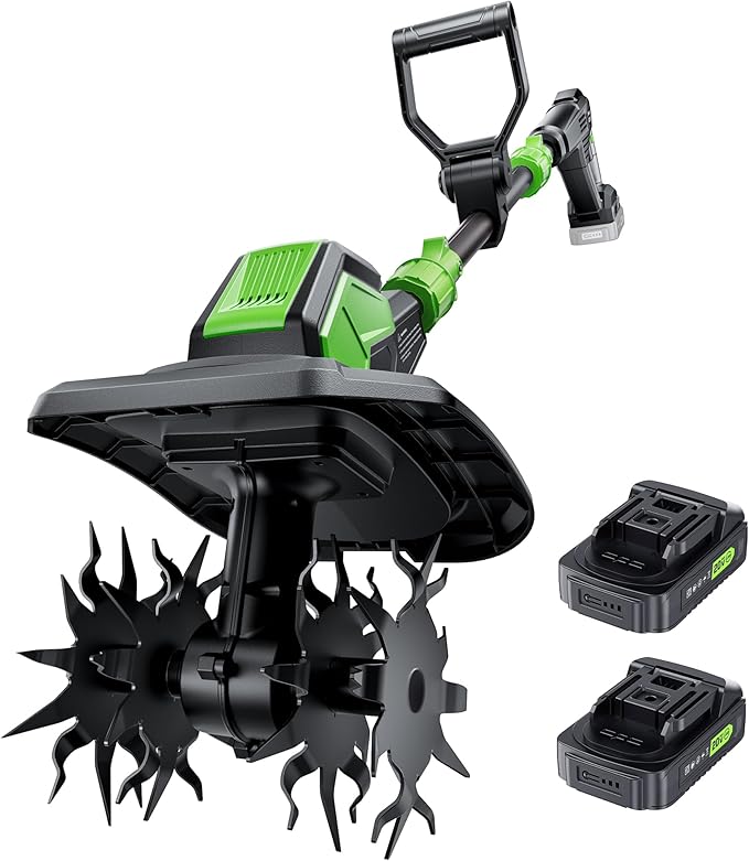 20V Cordless Tiller Cultivator, Lightweight 360RPM Electric Garden Tiller with 2 * 2.0Ah Batteries, 9 Width, 6.6 Depth, 48 Steel Tines Mini Rototiller for Weeding, Gardening & Soil Cultivation Green