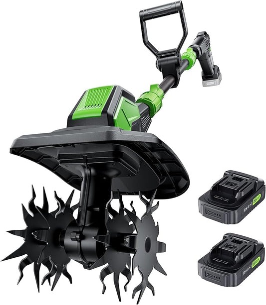 20V Cordless Tiller Cultivator, Lightweight 360RPM Electric Garden Tiller with 2 * 2.0Ah Batteries, 9 Width, 6.6 Depth, 48 Steel Tines Mini Rototiller for Weeding, Gardening & Soil Cultivation Green