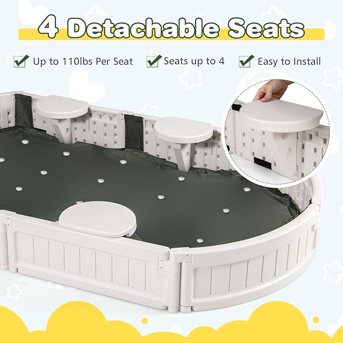 Costzon Kids Sandbox with Cover, Detachable Built-in Seating, Bottom Liner, Weather Resistant Outdoor Sandbox Kit, Child Outdoor Sand Pit for Backyard Lawn Garden Beach (Elliptical, White)