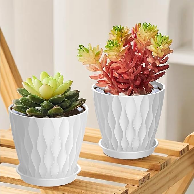 12 Pack 4 Inch Small Plant Pots with Saucers, Waffle Texture Plastic Planters with Drainage Holes for Indoor and Outdoor Plants, Flowers, Herbs, Succulents, and Seedlings, White