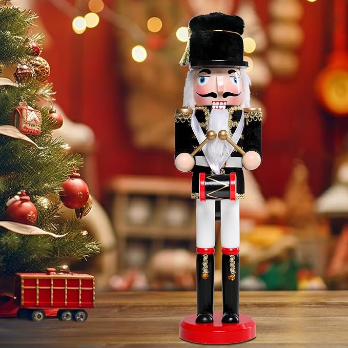 Christmas Nutcracker Decorations Nutcracker Figure 15 Inch Wooden Nutcrackers Collectible Ornament Nutcrackers Soldier for Table Desktop Home Christmas Decor Xmas Indoor Decor Black Hat beat a drum