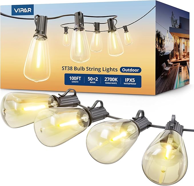 VIPAR Outdoor String Lights 100FT Patio Lights Outdoor Waterproof with 52 Shatterproof ST38 Vintage Edison Bulb, LED Outside Hanging Light for Backyard, Porch, Garden, Deck, Bistro, 2700K Dimmable