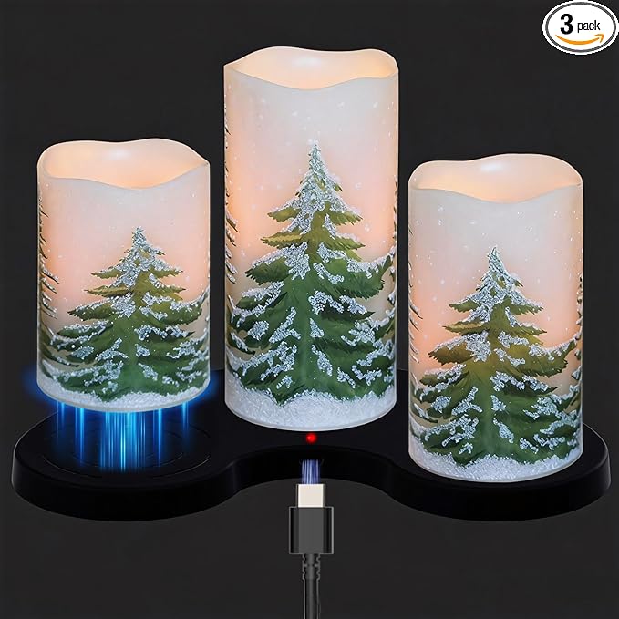 Wondise Rechargeable Christmas Tree Flameless Candles with 6H Timer, Battery Operated LED Real Wax 3D Wick Candles with Charging Base, Set of 3 Christmas Home Decoration Gifts(3 x 4 5 6 Inch)