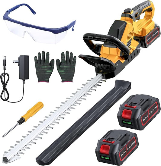 20'' Hedge Trimmer Cordless with 2pcs 4000mAh Battery, Electric Handheld Bush Clipper with Rechargeable Batteries, 3000RPM 180¡Æ Rotatable Head, 2/3'' Blade Gap, Yellow