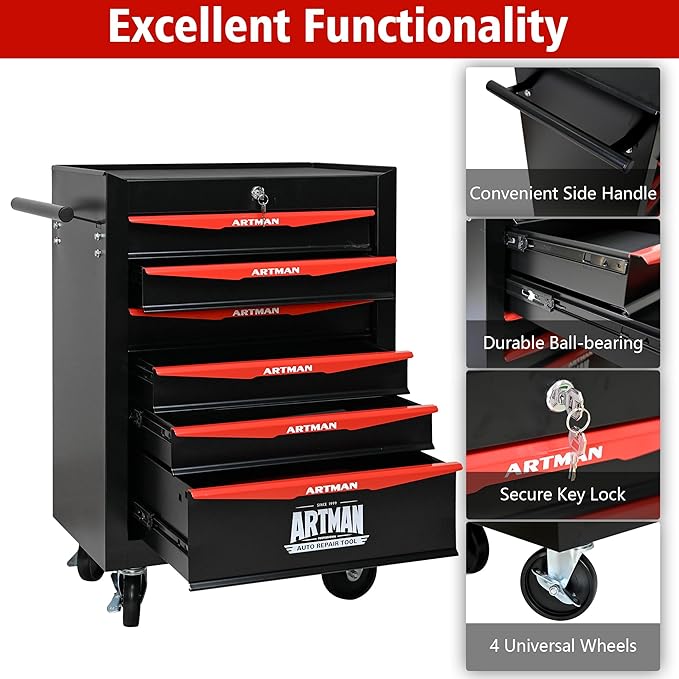 RYH 6 Drawers Rolling Tool Chest - Heavy Duty Mobile Tool Cart with Locking Wheels & Ball Bearing Drawers£¬30.5 H x 20.9 W x 13 D, Garage Tool Storage Cabinet (Black, 6 Drawers)