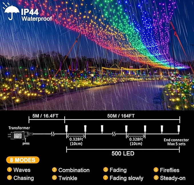 kemooie 500 LED Multicolor Christmas Lights, 164 FT 8 Lighting Mode Plug in Fairy Light Outdoor, IP44 Waterproof String Lights for Outdoor Indoor Wedding Party Xmas Decorations (Multicolor)