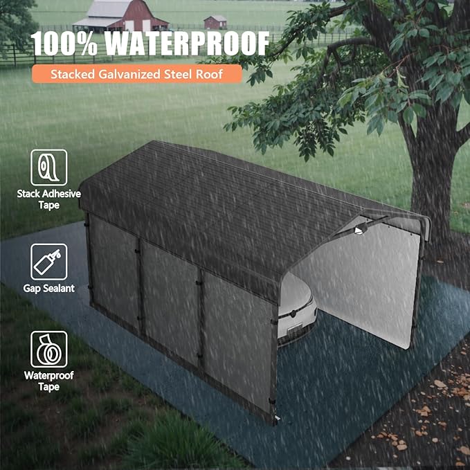 10x15 Metal Carport, Galvanized Steel Roof Car Port with Remvoable Polyethylene Sidewalls