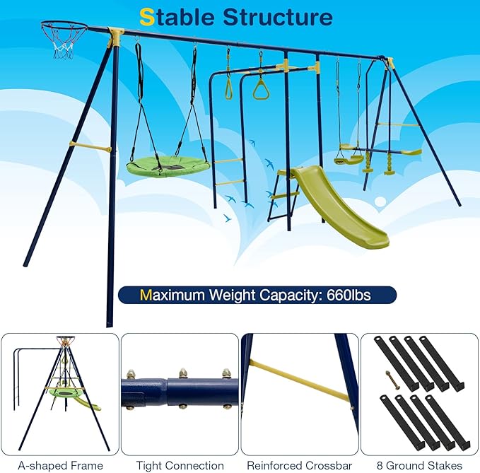 GLACER 7-in-1 Kids Swing Set w/ 2 Swings, Slide, Fun Glider, Gym Rings, Monkey Bars, Basketball Hoop, 660 LBS Swing Set for Kids, Heavy Duty Play Set for Backyard, Garden, Park