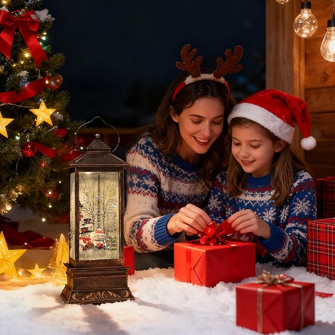 Snow Globe Lantern Christmas Table Decor with Santa Christmas Tree Lighted Scene Indoor Christmas Ornaments Decorations for Home Fireplace Mantle(Snowmen Family)