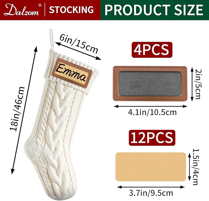 Dalzom® 4Pcs Personalized Christmas Stockings with Leather Patches Custom Name, 18” Premium Large Knitted Christmas Stockings for Kids, Family, Holiday and Fireplace Party Decoration