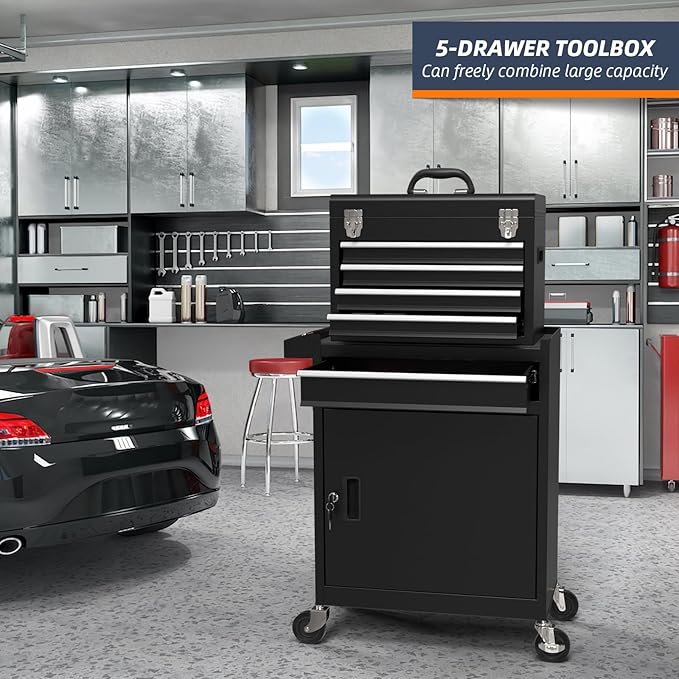 5-Drawer High Capacity Rolling Tool Box, Removable Cabinet Storage Tool Chest with Wheels and Drawers, Detachable Toolbox with Lock for Mechanics Garage Workshop and Tool Room (Black)