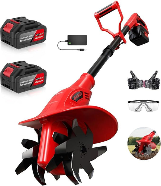 21V Cordless Electric Tiller for Gardening, 360 RPM Garden Tiller with 2¡¿4.0AH Batteries & Charger, 9 Width, 6.3 Depth, Battery Powered Mini Cultivator, Portable Rototiller for Lawn Soil Cultivation