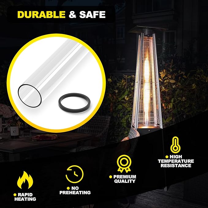 Patio Heater Glass Tube Replacement with Rubber Ring, 49.5¡È Tall 4¡È Diameter, Quartz Glass Tube Fit Four-Sided Pyramid Flame Outdoor Heaters Compatible with Hiland, Fire Sense