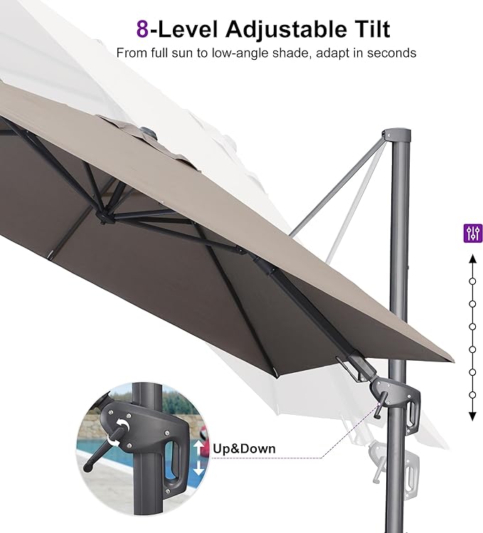 PURPLE LEAF 10' X 6.5' Swivel Outdoor Patio Aluminum Umbrella with Base Left-right Tilting Cantilever Offset Umbrella with UV Resistant Heavy Duty Fabric for Deck Pool Patio Backyard, Ash Mocha