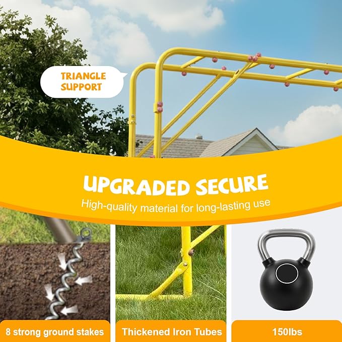 Outdoor Monkey Bars for Kids, Steel Monkey Bar for Backyard, with Climbing and Gymnastics Bar,Free-Standing Playset for Children Age 3-12,Compact for Small Yards, Yellow