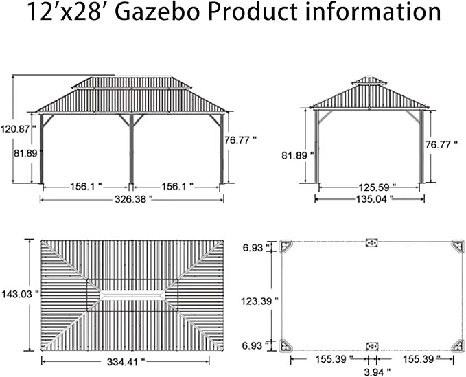 PURPLE LEAF 12' X 28' Outdoor Hardtop Gazebo Patio Wide Aluminum Frame Metal Double Roof with Heavy Duty Netting and Curtains for Permanent Hard Top Pavilion Screen Khaki