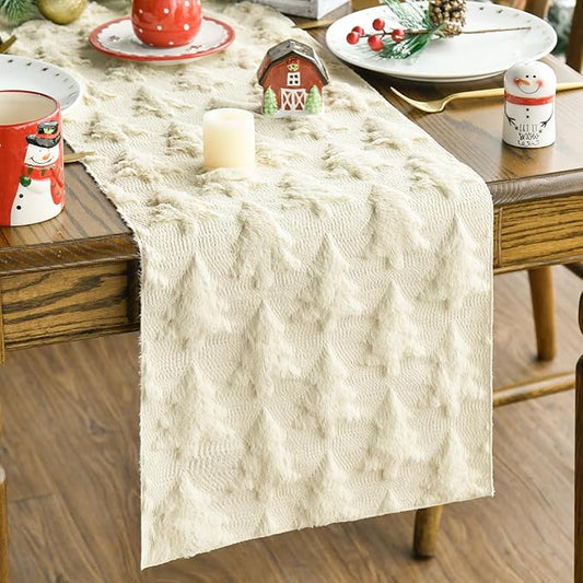 Artoid Mode Christmas Trees Beige Soft Plush Faux Fur Jacquard Christmas Table Runner, Holiday Kitchen Dining Table Decoration for Home Party Decor 13x36 Inch