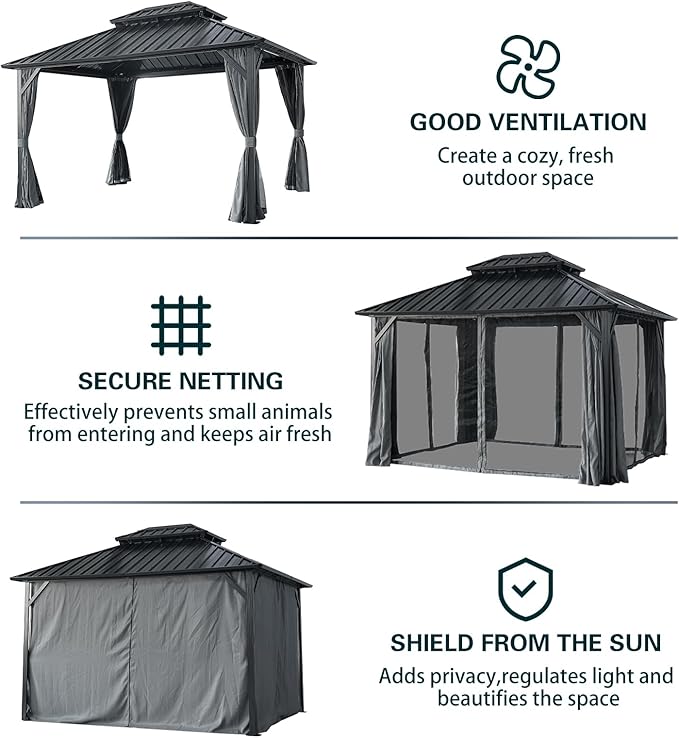10x12FT Hardtop Gazebo with Double Roof, Aluminum Frame Outdoor Pavilion with Netting and Curtains for Patio, Backyard, Lawn (10 * 12FT)