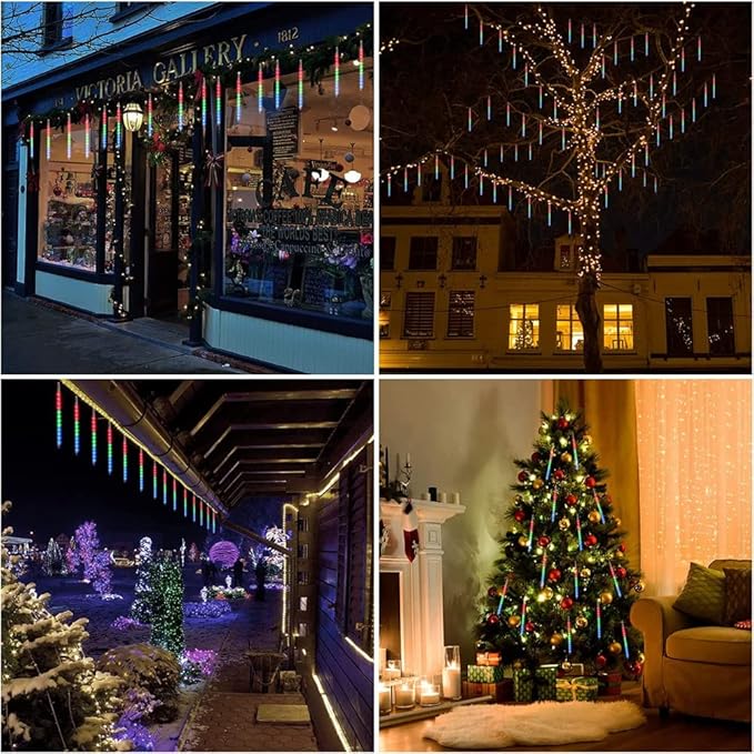 Meteor Shower Lights UL Certified 192LEDs 8 Tubes Falling Rain Drop Christmas Icicle Cascading Lights for Xmas Tree Halloween Decorations Wedding Party Holiday Garden Decor, Multicolor