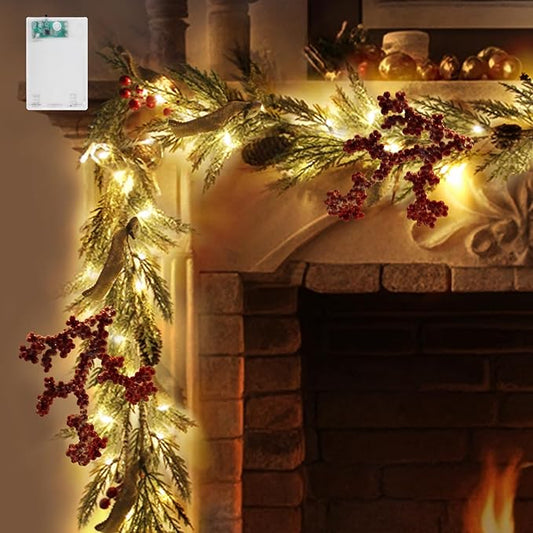Christmas Garland with 50 Lights for Mantle - 6 Ft Snowy Cedar Garland with Pine Cones Red Berries Artificial Greenery Garlands with Timer, Prelit Garland for Holiday Table Centerpiece