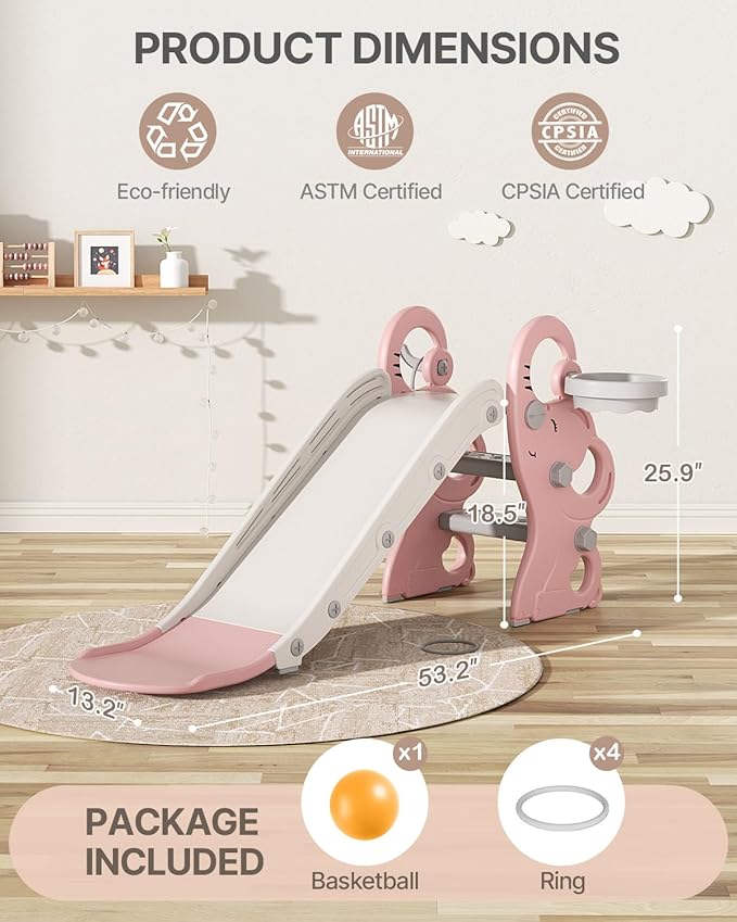 Babytronic Toddler Slide, Kids Indoor Outdoor Playset with Basketball Hoop & Ring Toss, Foldable Baby Plastic Slide, Outdoor Playground Climber Slide (Pink&White)
