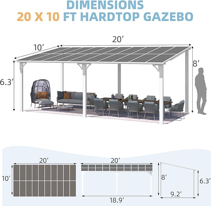 AECOJOY 20' x 10' White Outdoo Gazebo for Patio, Large Wall-Mounted Pergolas and Gazebos Clearance Hard Top 10x20 Lean to Metal Gazebo Shelter Patio Roof, Heavy Duty Awnings for Patio, Decks