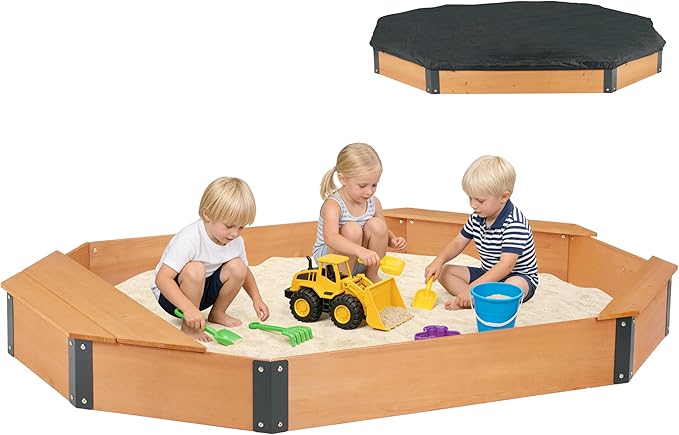 75.5''x53''x8.5'' Octagon Sandbox with Storage Box for Kids Outdoor Play, Wood Large Sandpit with Cover & 3 Benches, Quick Easy Install